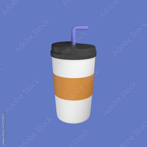 3d cartoon paper cup with purple straw isolated on a purple background. 3d rendering illustration