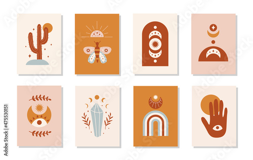 Vector set of cards with mystical, celestial and mysterious elements and plants in boho style. Trendy hand drawn illustration