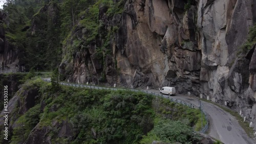 Aerial view of the most dangerous highway NH22 that connects Shimla to Spiti via Kinnaur. The narrow road with a steep valley on one side