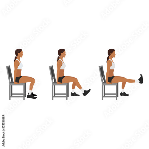 Woman doing leg extensions on chair at home exercise. Flat vector illustration isolated on white background