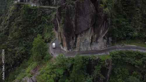 Aerial view of the most dangerous highway NH22 that connects Shimla to Spiti via Kinnaur. The narrow road with a steep valley on one side