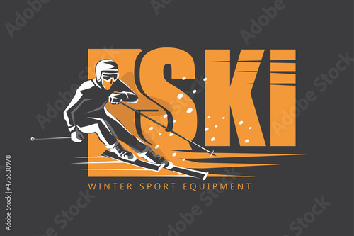 skiing poster, flyer or card template, winter equipment shop banner