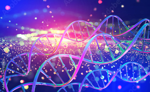 DNA helix. Hi Tech technology  genetic engineering. Work on artificial intelligence. 3D illustration on a futuristic background