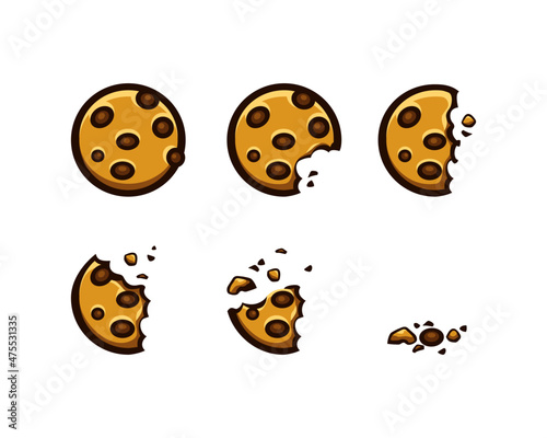 Bitten oatmeal cookies with chocolate pieces isolated on white background. Biscuits broken with crumbs. Vector cartoon illustration.