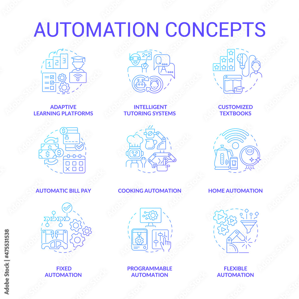 Automation blue gradient concept icons set. Household automated devices idea thin line color illustrations. Isolated outline drawings. Editable stroke. Roboto-Medium, Myriad Pro-Bold fonts used