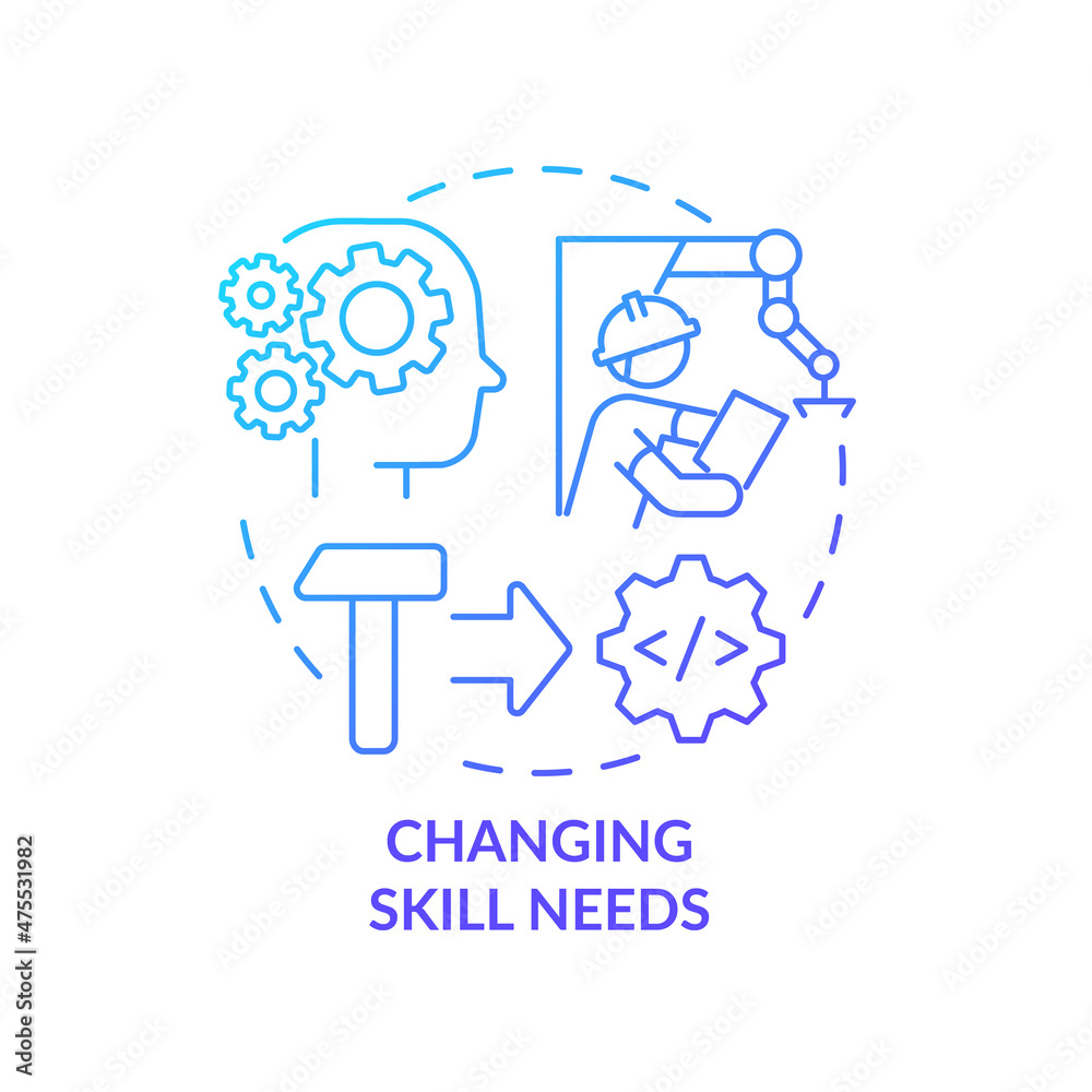 Changing skill needs blue gradient concept icon. Automation disadvantages abstract idea thin line illustration. Isolated outline drawing. Editable stroke. Roboto-Medium, Myriad Pro-Bold fonts used Changing skill needs blue gradient concept icon. Automation disadvantages abstract idea thin line illustration. Isolated outline drawing. Editable stroke. Roboto-Medium, Myriad Pro-Bold fonts used