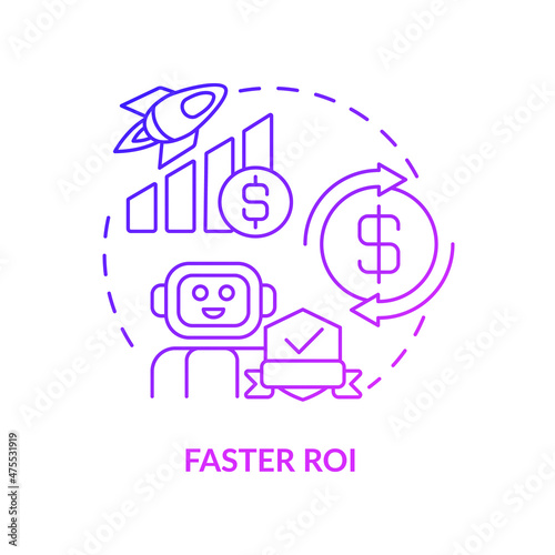 Faster ROI purple gradient concept icon. Return on investment abstract idea thin line illustration. Isolated outline drawing. Editable stroke. Roboto-Medium, Myriad Pro-Bold fonts used