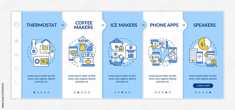 Examples of daily automation blue and white onboarding template. Responsive mobile website with linear concept icons. Web page walkthrough 5 step screens. Lato-Bold, Regular fonts used