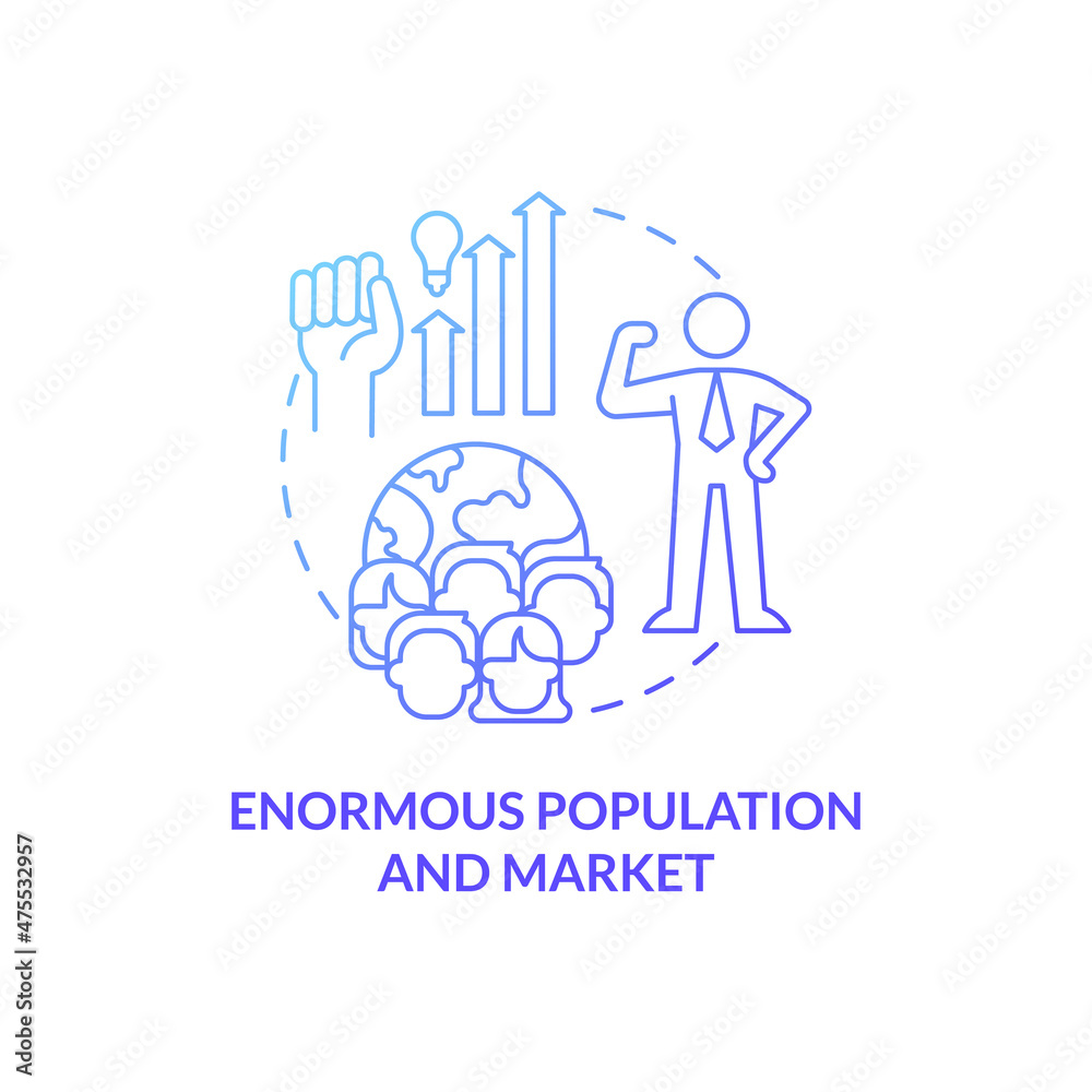 Enormous population and market blue gradient concept icon. Attracting international businesses abstract idea thin line illustration. Isolated outline drawing. Roboto-Medium, Myriad Pro-Bold fonts used
