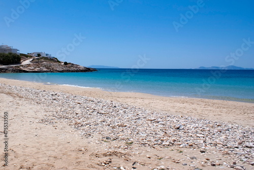 Beautiful sandy beach  Donousa island  Cyclades  Greece. A secluded destination with soft sand on a summer day.  Landscape aspect shot.
