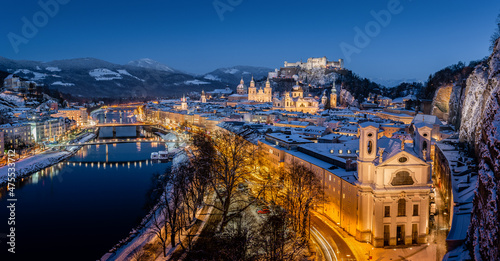 Idylic evening mood in the city of Salzburg in winter, Austria