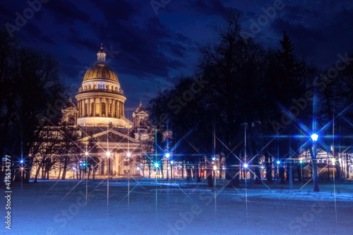 Russia. Saint Petersburg. St. Isaac's Cathedral. Isakievskaya Square on a winter evening. St. Petersburg on a winter night. Christmas in Russia. New Year's Petersburg. Snow. Tourism in Russia