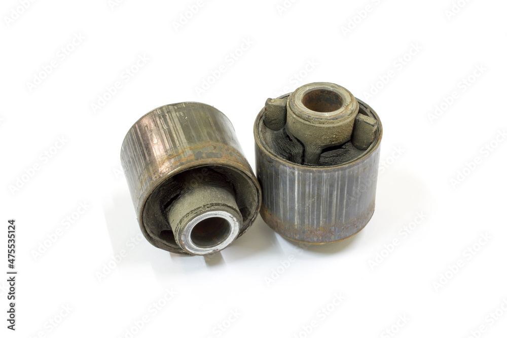 Broken rear trailing arm bushing on white background, Car maintenance service. Broken rear trailing arm bushing on white background, Car maintenance service.