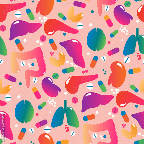 A medical vector seamless pattern with colorful human internal organs and pills on a pink background. 