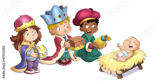 Tela Illustration of children dressed as wise men