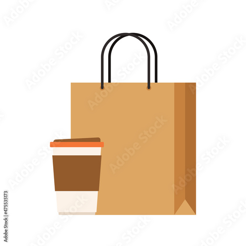 Coffee cup and Paper bag vector. Shopping bag.