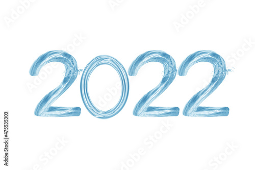 2022, Happy New Year 2022 water splash isolated on white background, water