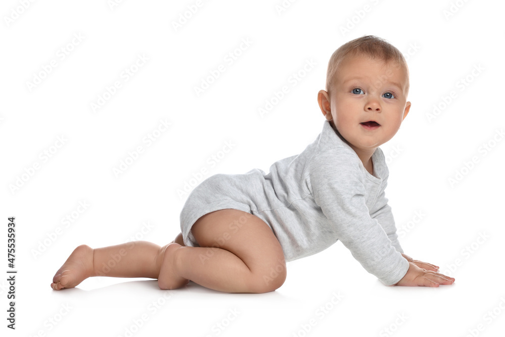 Cute little baby crawling on white background Cute little baby crawling on white background