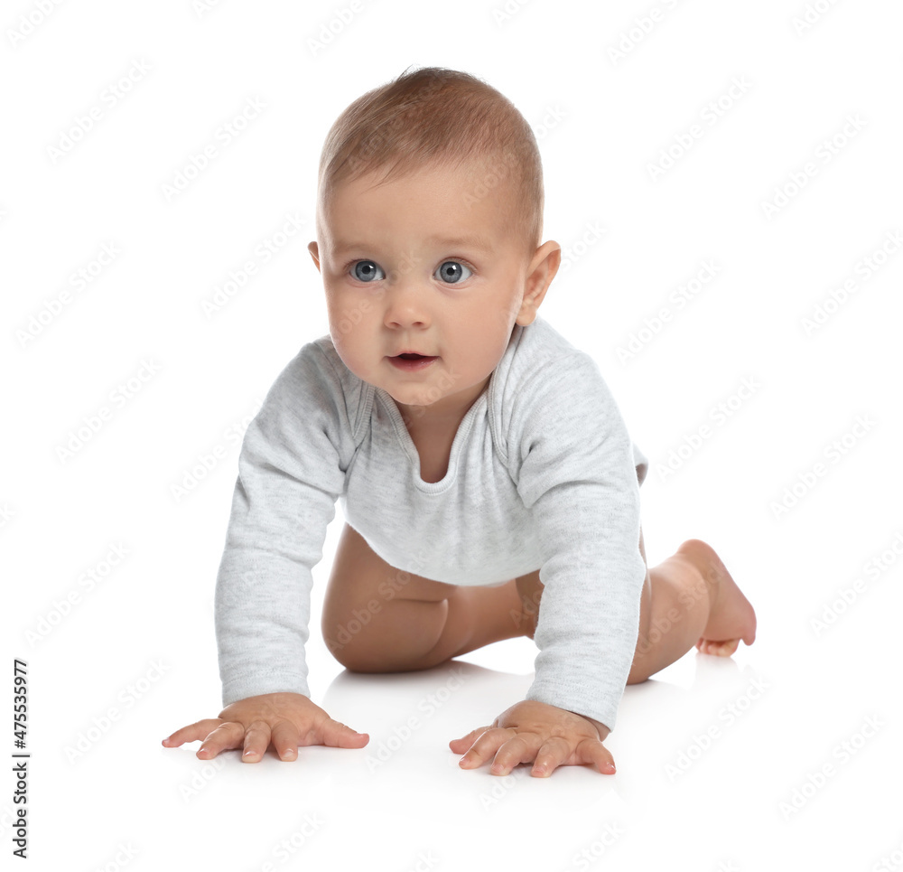 Cute little baby crawling on white background Cute little baby crawling on white background