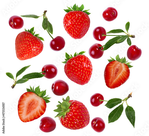 Fototapeta Naklejka Na Ścianę i Meble -  Cherry iand strawberries solated on white backgroundd