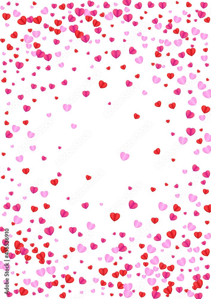 Pink Heart Background White Vector. Banner Backdrop Confetti. Red Drop Texture. Fond Heart Random Illustration. Tender Volume Frame.