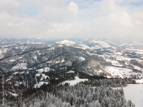 aerial view of snowed ukrainian carpathian mountains