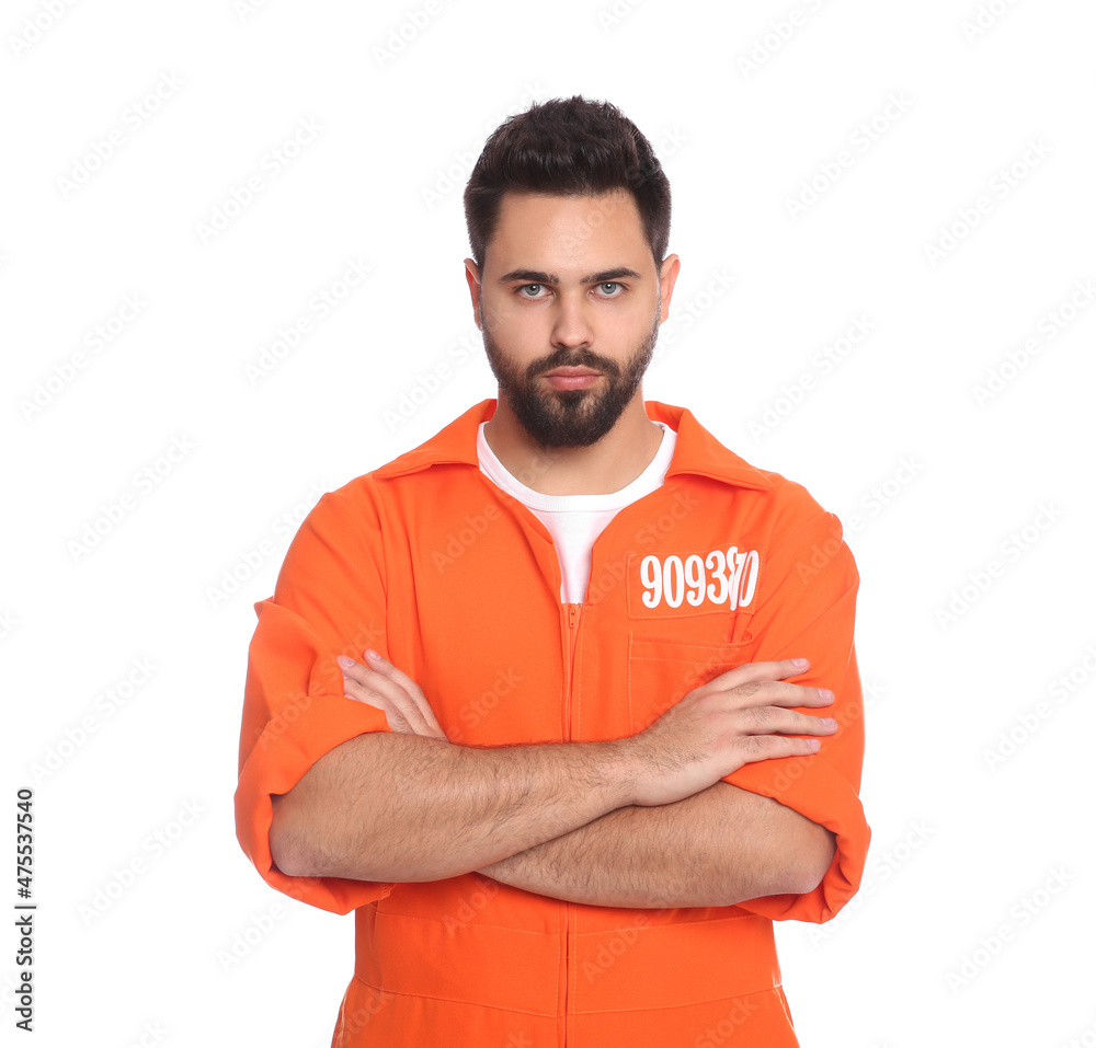 Fototapeta premium Prisoner in special jumpsuit on white background