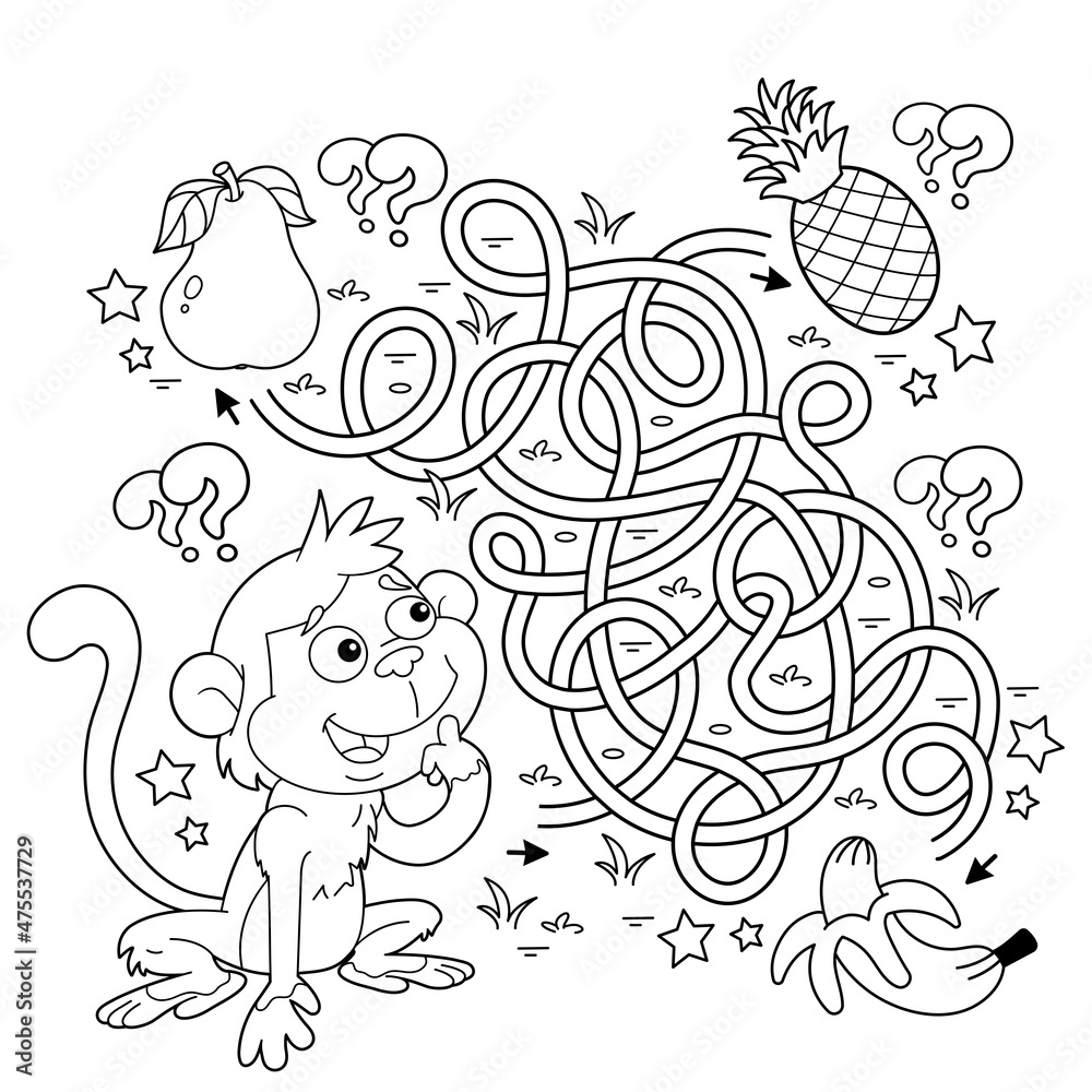 Maze or Labyrinth Game. Puzzle. Tangled road. Coloring Page Outline Of cartoon little monkey with food. Coloring book for kids.