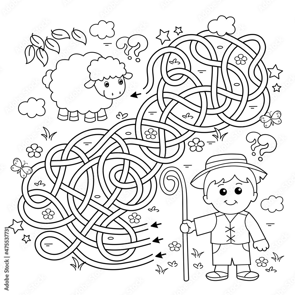 Maze or Labyrinth Game. Puzzle. Tangled road. Coloring Page Outline Of cartoon  shepherd with sheep. Farm animals. Coloring book for kids. Stock Vector |  Adobe Stock