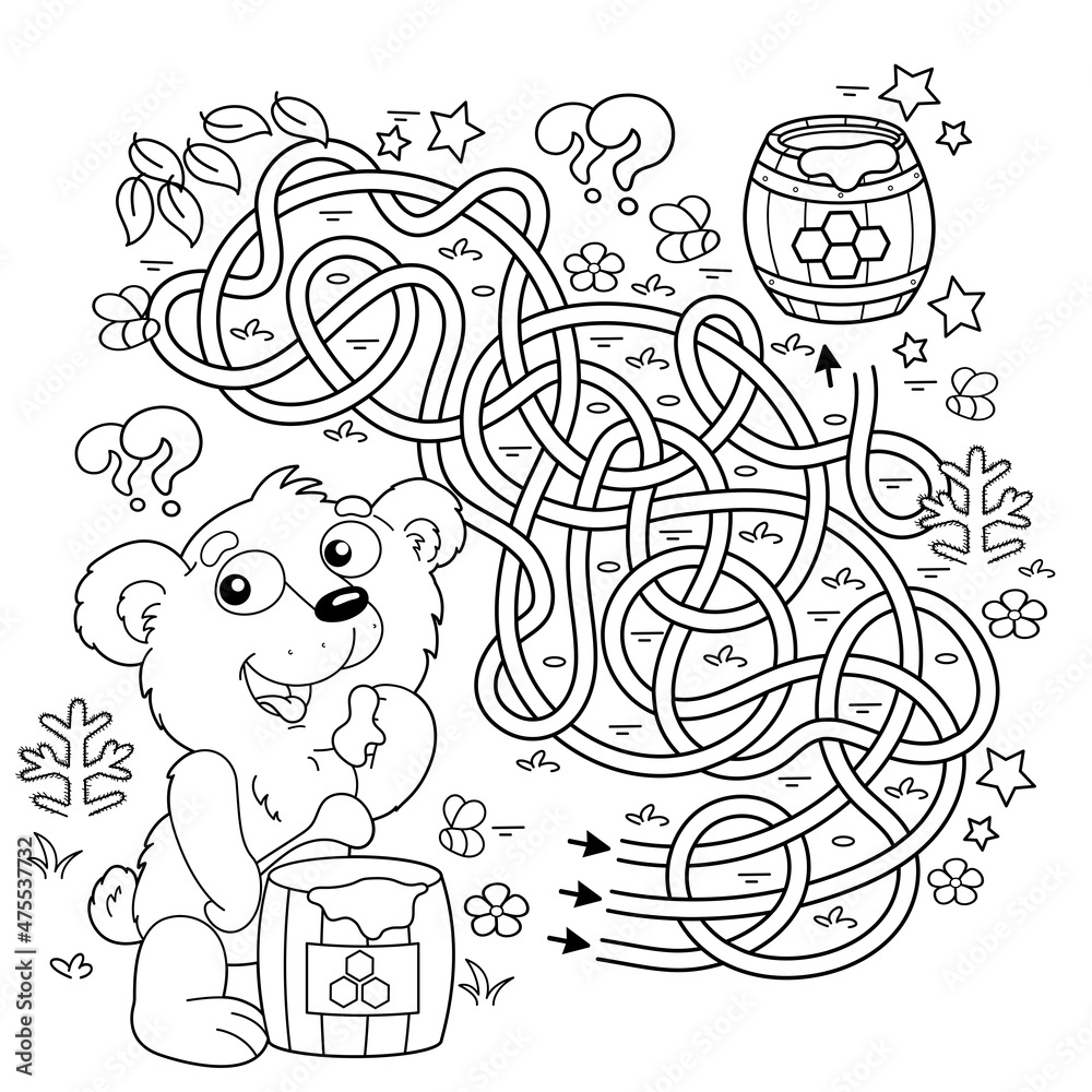 Maze or Labyrinth Game. Puzzle. Tangled road. Coloring Page Outline Of cartoon little bear cub with barrel of honey. Coloring book for kids.