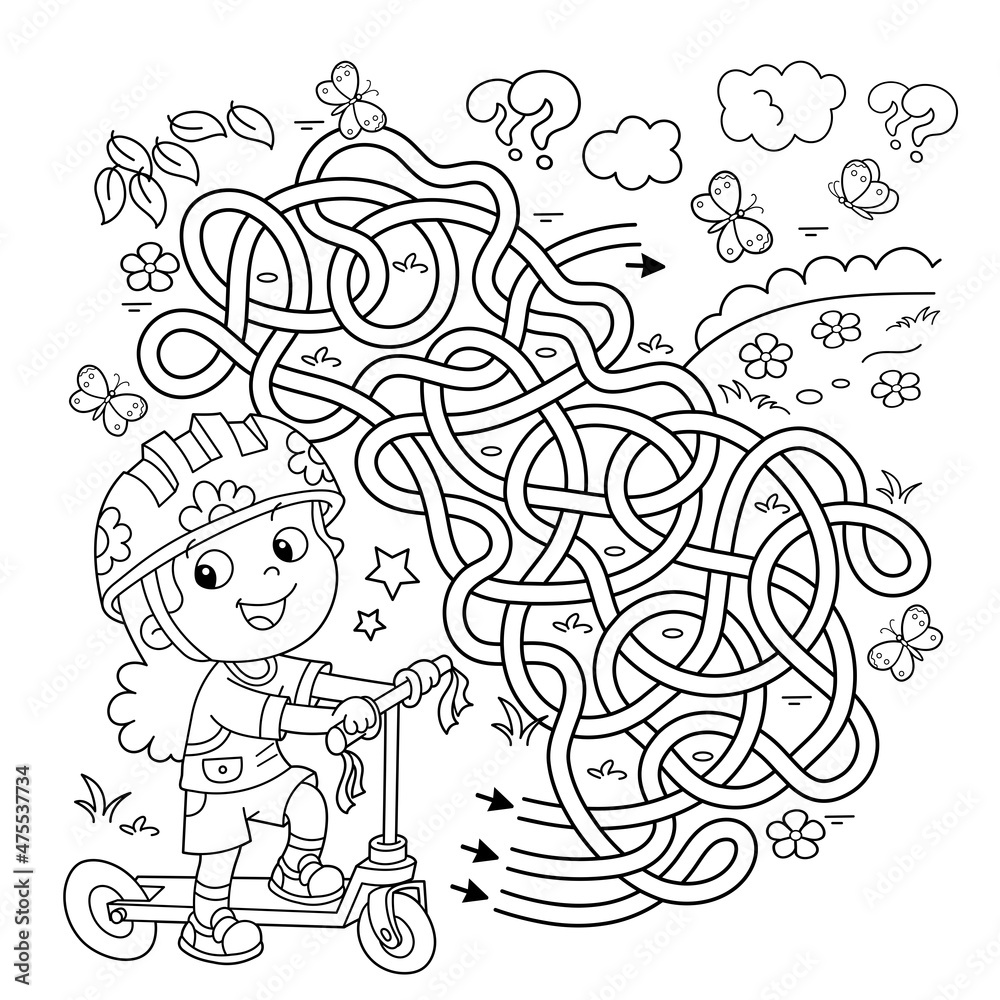 Maze or Labyrinth Game. Puzzle. Tangled road. Coloring Page Outline Of cartoon girl with scooter. Sport activity. Coloring book for kids.