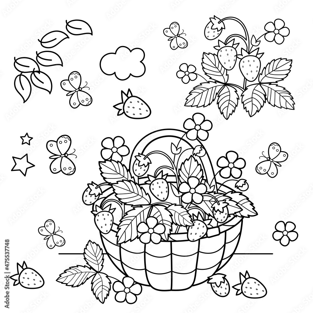 Coloring Page Outline Of cartoon basket of berries. Garden strawberry ...