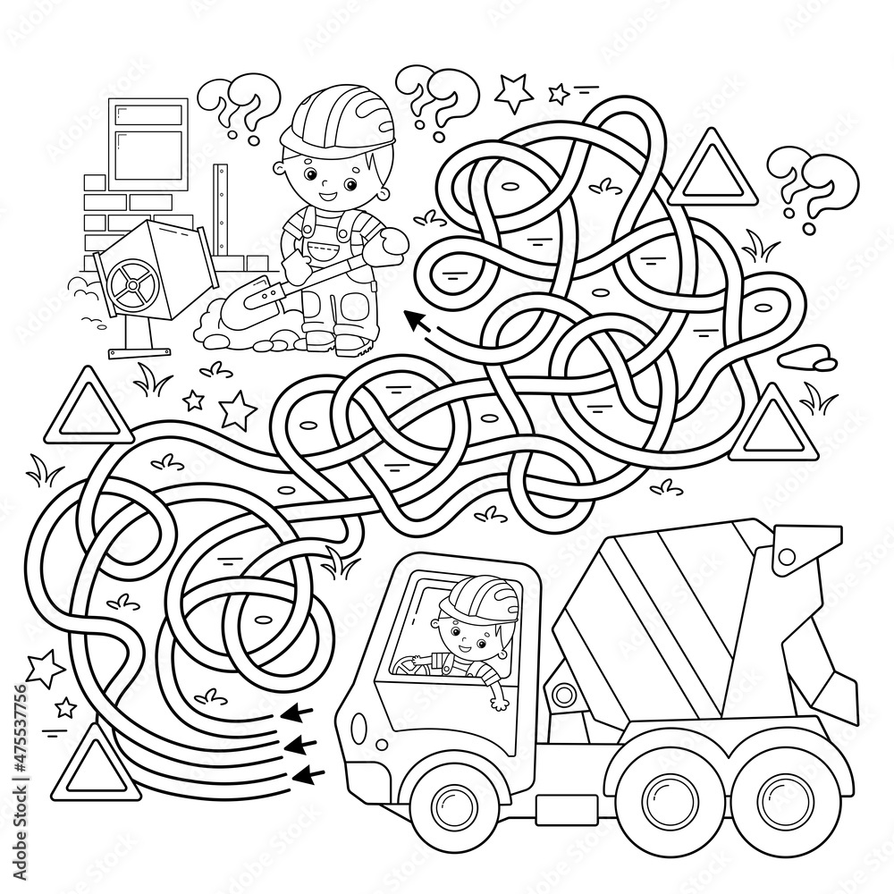 Maze or Labyrinth Game. Puzzle. Tangled road. Coloring Page Outline Of cartoon concrete mixer. Construction vehicles. Coloring book for kids.