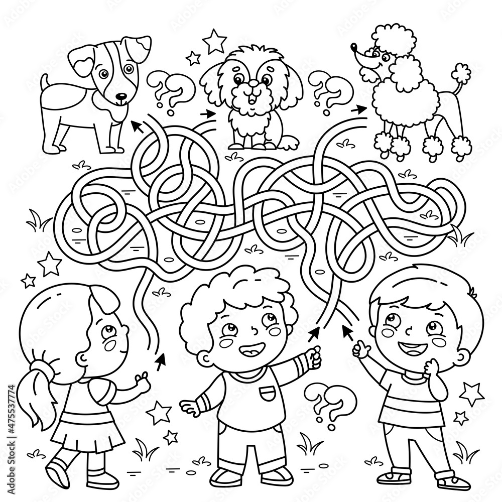 Maze or Labyrinth Game. Puzzle. Tangled road. Coloring Page Outline Of cartoon children with pets. Where is whose dog? Coloring book for kids.