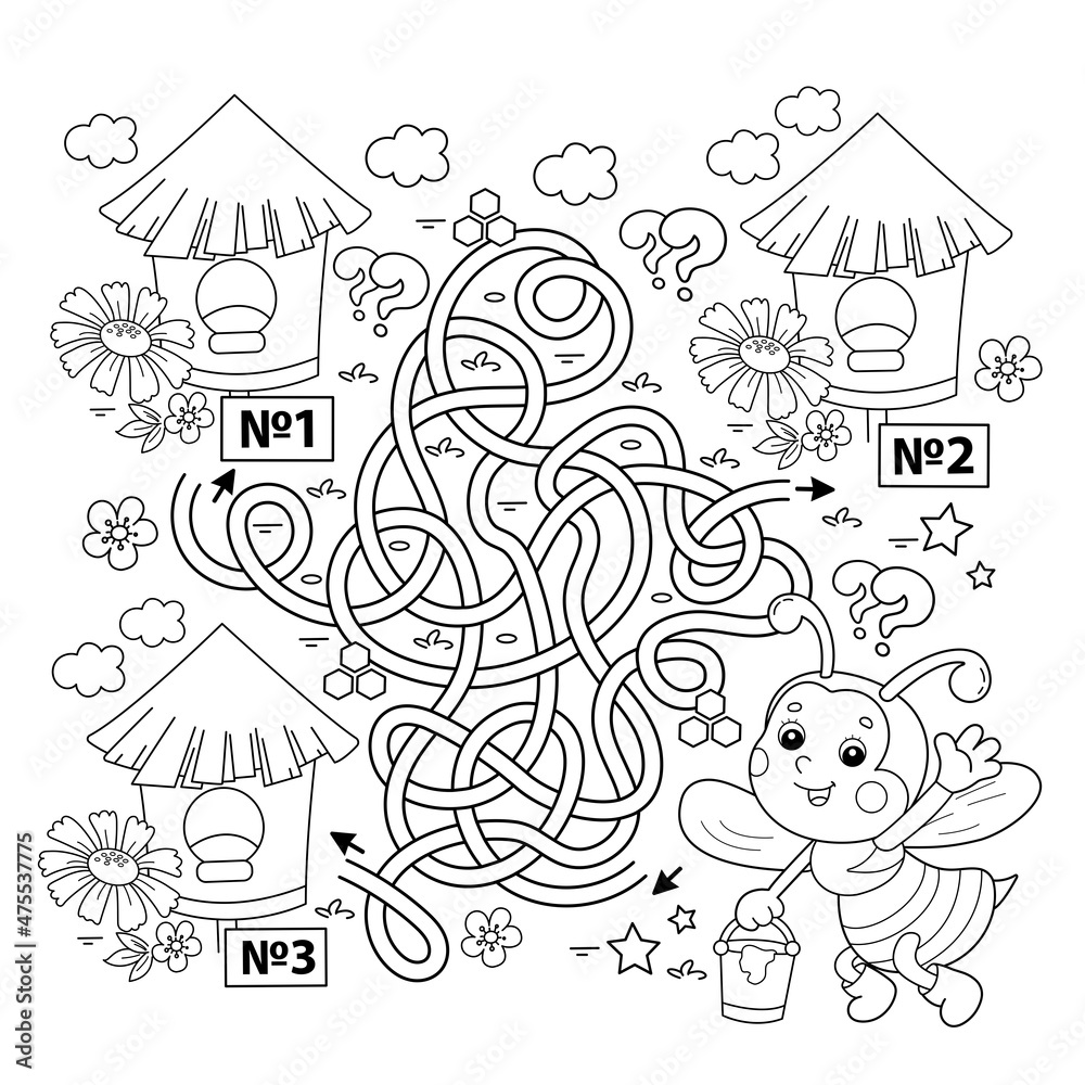 Maze or Labyrinth Game. Puzzle. Tangled road. Coloring Page Outline Of cartoon little bee with bucket of honey. Coloring book for kids.
