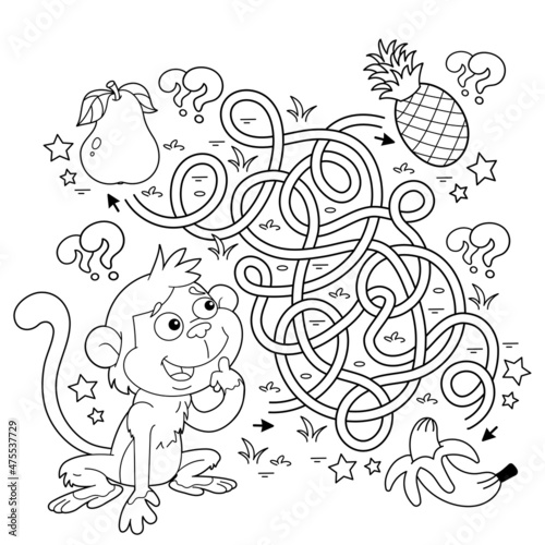 Maze or Labyrinth Game. Puzzle. Tangled road. Coloring Page Outline Of cartoon little monkey with food. Coloring book for kids.