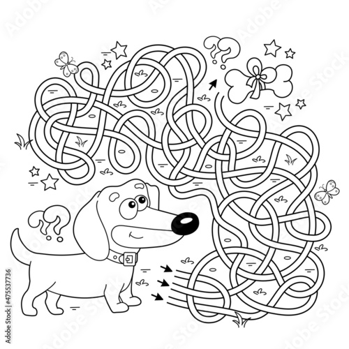 Maze or Labyrinth Game. Puzzle. Tangled road. Coloring Page Outline Of cartoon little dog with bone. Dachshund puppy. Coloring book for kids.