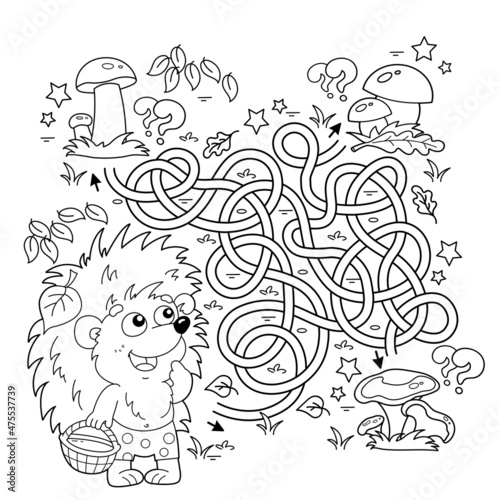Maze or Labyrinth Game. Puzzle. Tangled road. Coloring Page Outline Of cartoon little hedgehog with basket of mushrooms. Coloring book for kids.