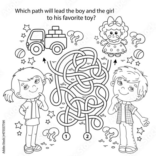 Maze or Labyrinth Game. Puzzle. Tangled road. Coloring Page Outline Of cartoon children with toys. Coloring book for kids.
