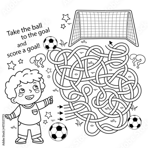 Maze or Labyrinth Game. Puzzle. Tangled road. Coloring Page Outline Of cartoon boy with soccer ball. Football. Sport activity. Coloring book for kids.