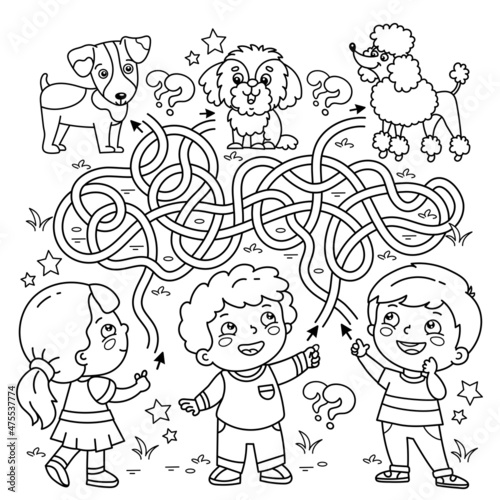 Maze or Labyrinth Game. Puzzle. Tangled road. Coloring Page Outline Of cartoon children with pets. Where is whose dog? Coloring book for kids.
