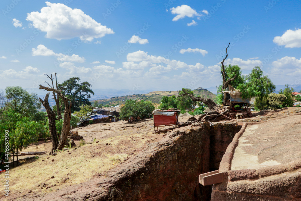 Lalibela, Ethiopia - August 20, 2020: Outside view to the Ancient African Churches Lalibela, Ethiopia - August 20, 2020: Outside view to the Ancient African Churches