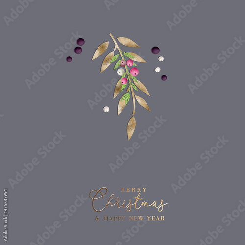Beautiful Christmas New Year design on pastel grey. Minimalist Xmas festive winter holiday decorations gold brunch with red berries. Text Merry Christmas Happy New Year. Abstract Xmas ornament