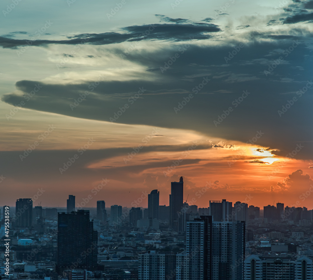 Beautiful sunset sky above clouds with dramatic light, Beautiful blazing sunset landscape, Copy space, No focus, specifically.