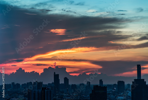 Beautiful sunset sky above clouds with dramatic light, Beautiful blazing sunset landscape, Copy space, No focus, specifically.