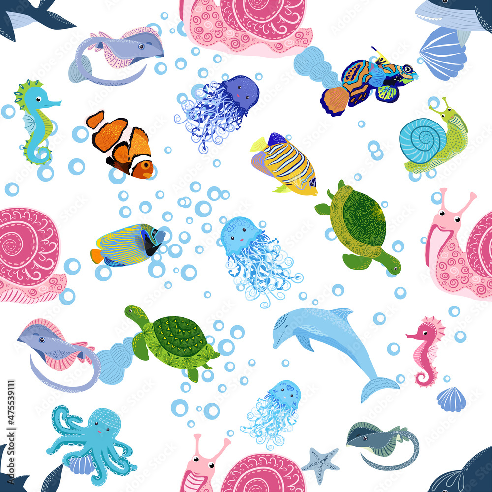 Marine life, fish, animals bright seamless pattern. sea travel, underwater diving animal tropical fish. Jellyfish, whale, shark, seahorse, clown fish, dolphin, turtle, emperor Marine life, fish, animals bright seamless pattern. sea travel, underwater diving animal tropical fish. Jellyfish, whale, shark, seahorse, clown fish, dolphin, turtle, emperor