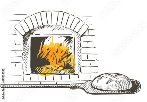 Vector bread on a shovel baked in a wood-fired oven. Vintage line sketch hand-draw illustration