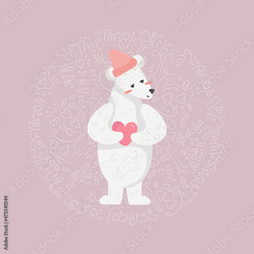 .Vector illustration of a cute polar bear holding a heart. Cute teddy bear clipart is suitable for postcards for February 14, decor of the children's room, invitations