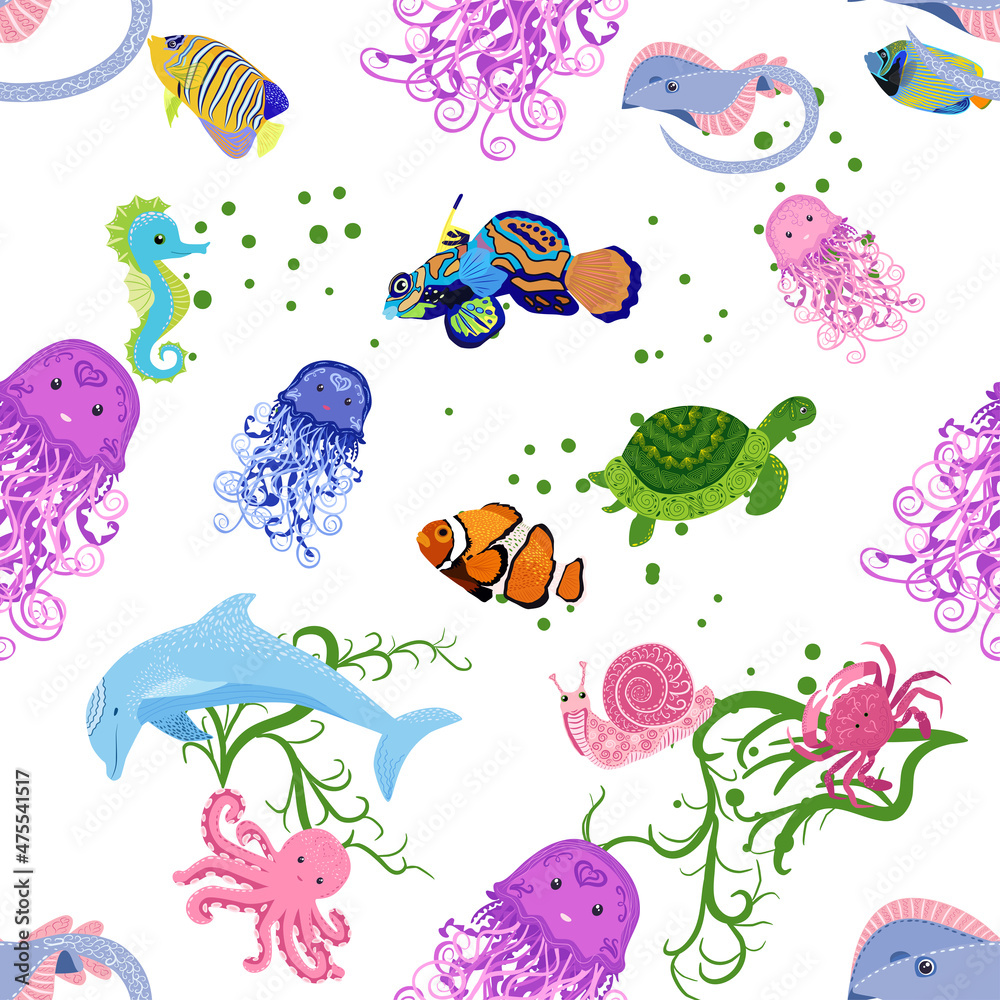Marine life, fish, animals bright seamless pattern. sea travel, underwater diving animal tropical fish. Jellyfish, whale, shark, seahorse, clown fish, dolphin, turtle, emperor Marine life, fish, animals bright seamless pattern. sea travel, underwater diving animal tropical fish. Jellyfish, whale, shark, seahorse, clown fish, dolphin, turtle, emperor