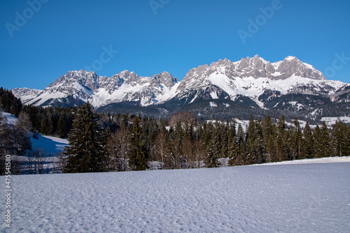 Wilder Kaiser in an idyllic winter landscape in Kitzbuehel, Tyrol, Austria